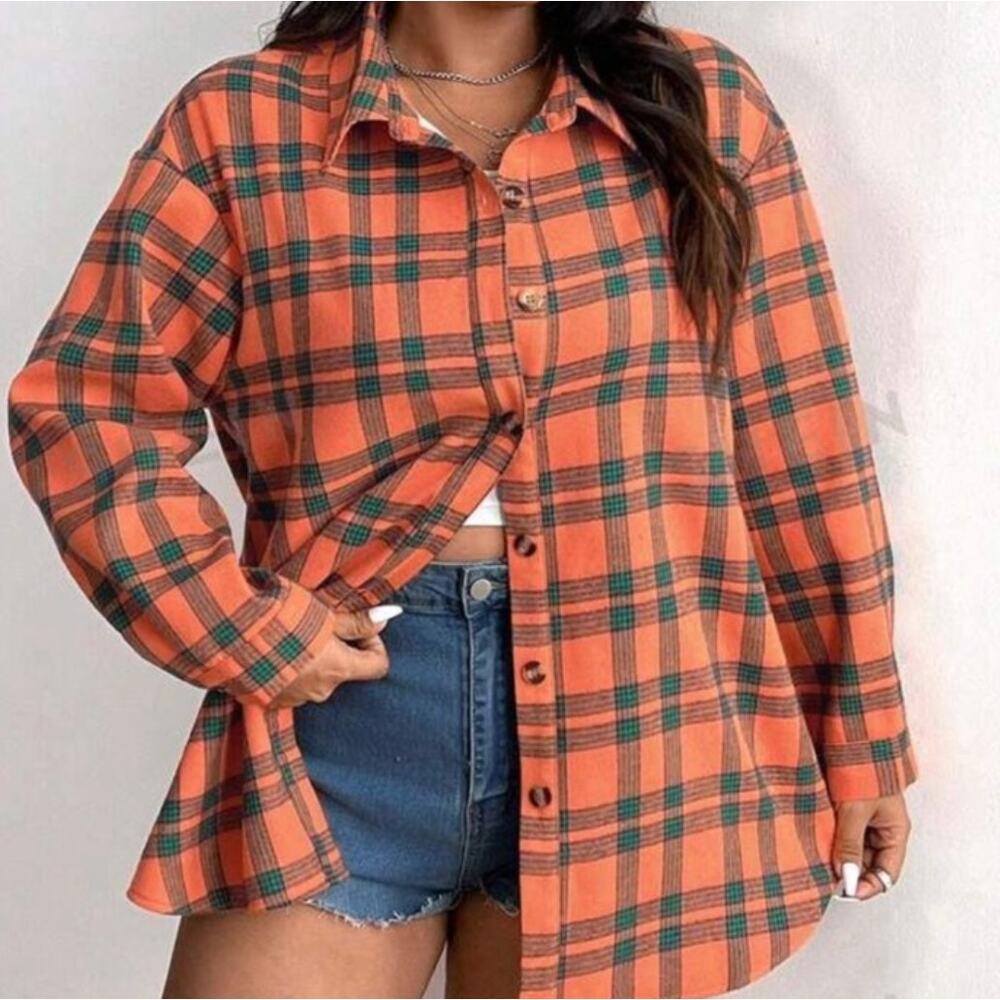 Women's Shein Curve Orange/Green Plaid Long Sleeve Flannel Shirt, Sz 1X